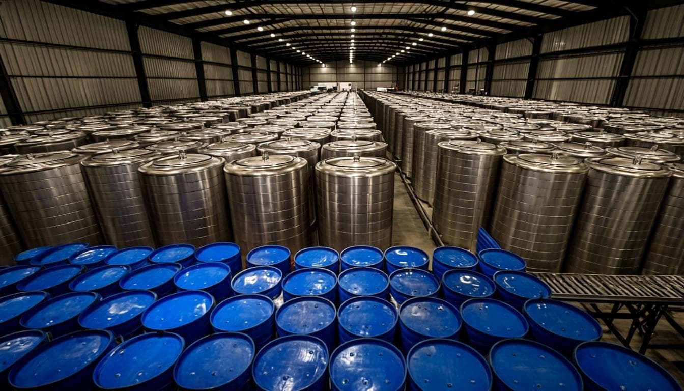 Industrial warehouse with rows of storage drums and tanks for vegetable oils