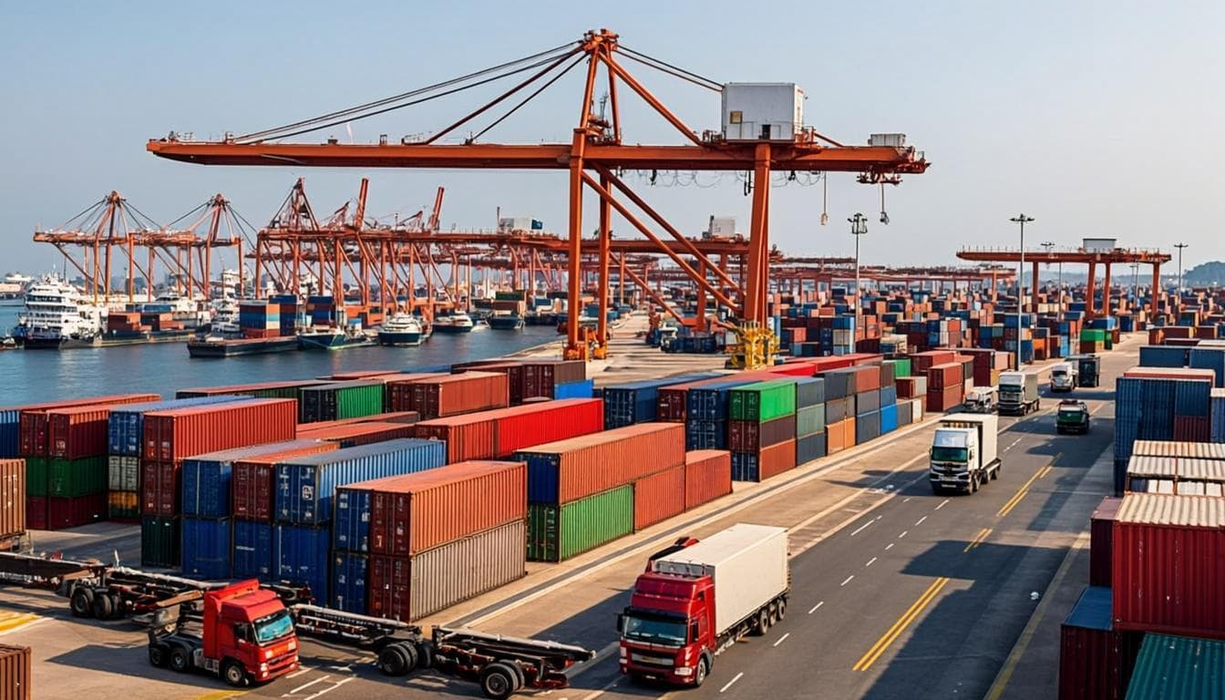 International shipping logistics operations with containers and cranes