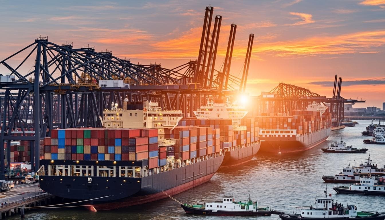 International shipping port at sunset with container vessels