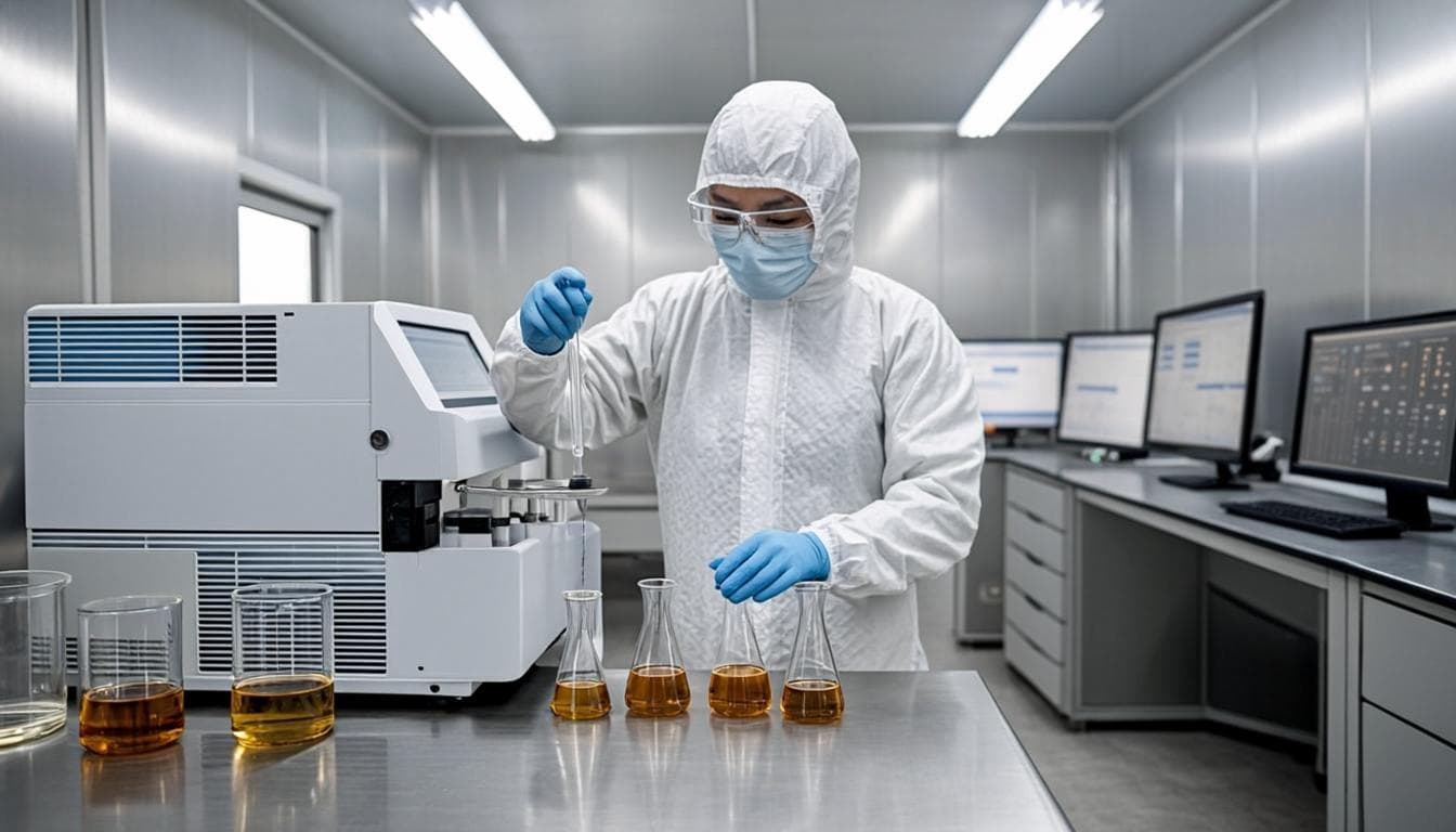 Quality control laboratory with chemical testing equipment and oil samples