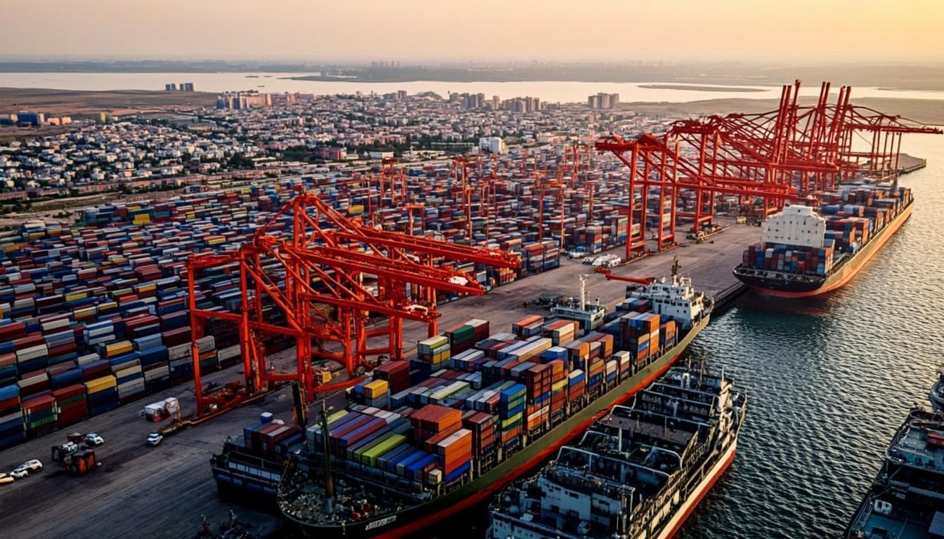 International shipping port with cargo vessels and containers